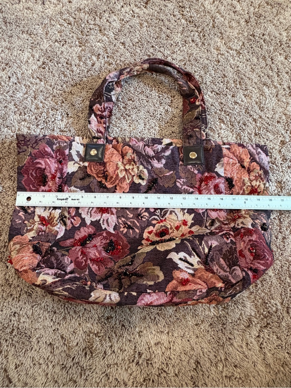New Anthropologie Maeve Floral beaded Tote Bag brown pink tapestry embellished - Picture 6 of 15